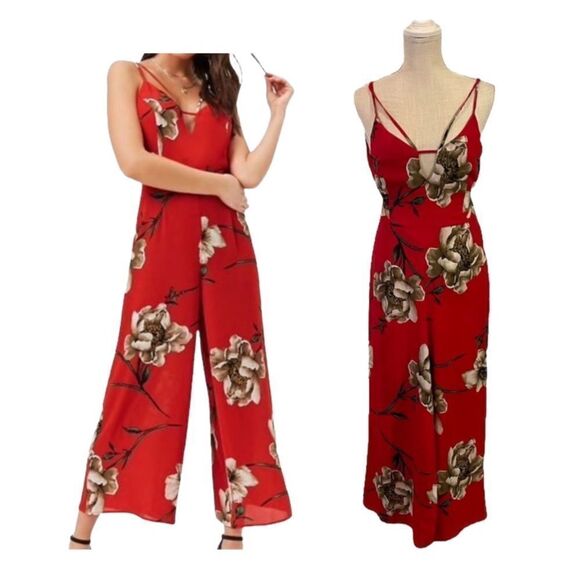 Forever 21 Magnolia Print Red Strappy Wide Leg Jumpsuit Size Medium - Picture 1 of 14
